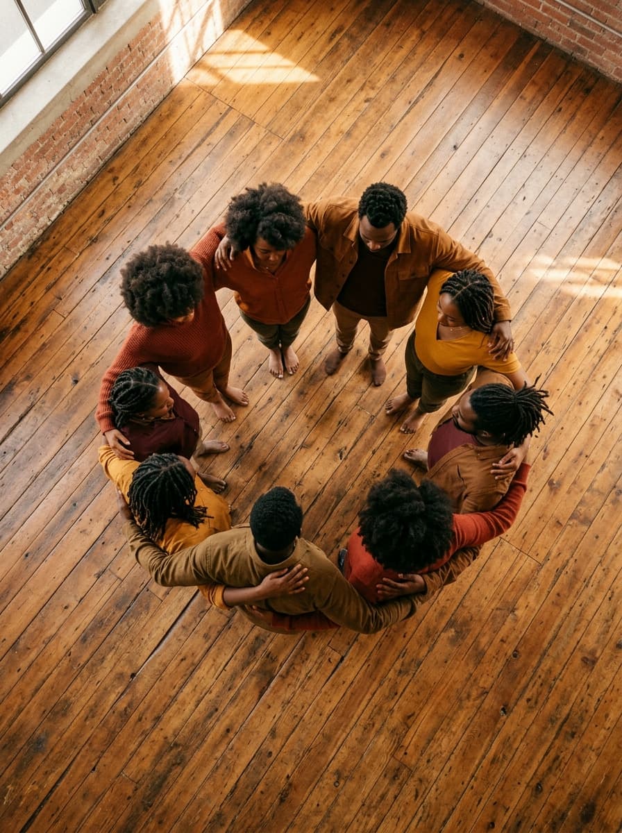 Community members standing together in a circle, arms around each other