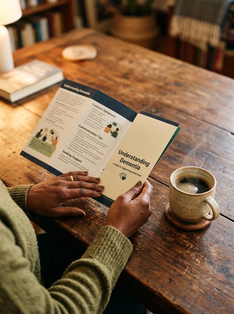 Hands holding an Understanding Dementia booklet with coffee